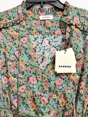 Sandro Green Floral Ruffle Button Dress